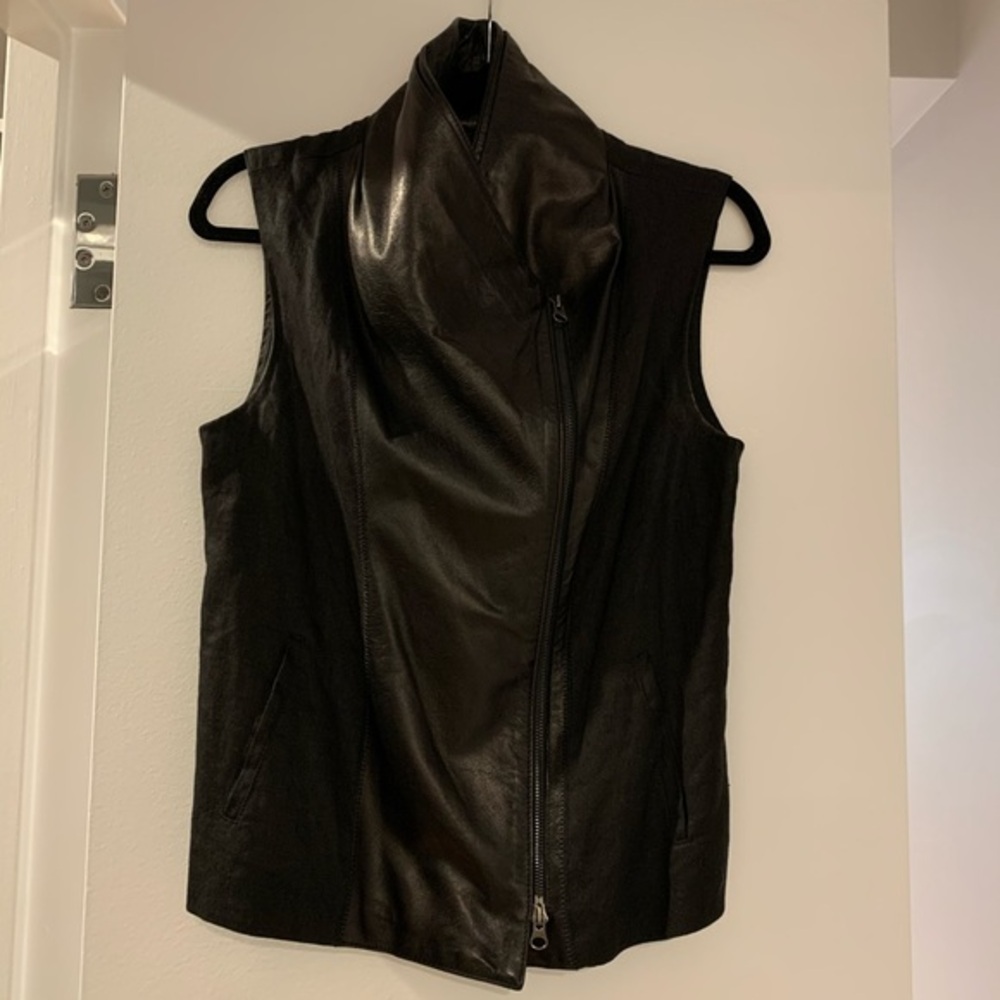 Vince Black Asymmetrical Linen Leather Vest - M